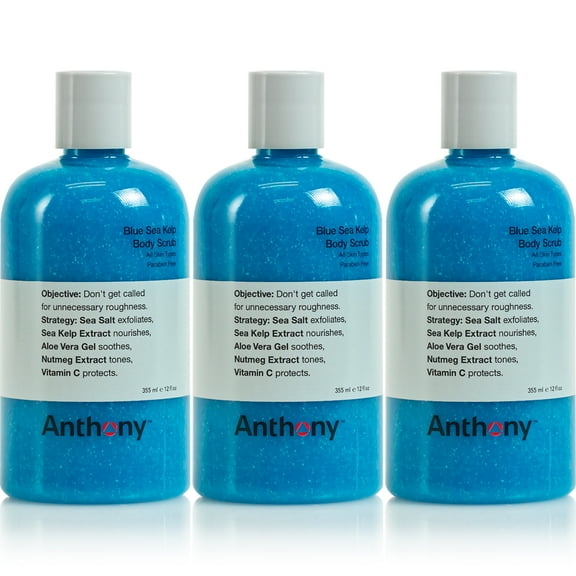 Anthony Exfoliating Body Scrub – Sea Salt, Vitamin C, and Aloe Vera Deep Cleans, Smooths Rough Patches & Soothes and Protects Skin – Blue Sea Kelp Body Wash 12 Fl Oz Pack of 3