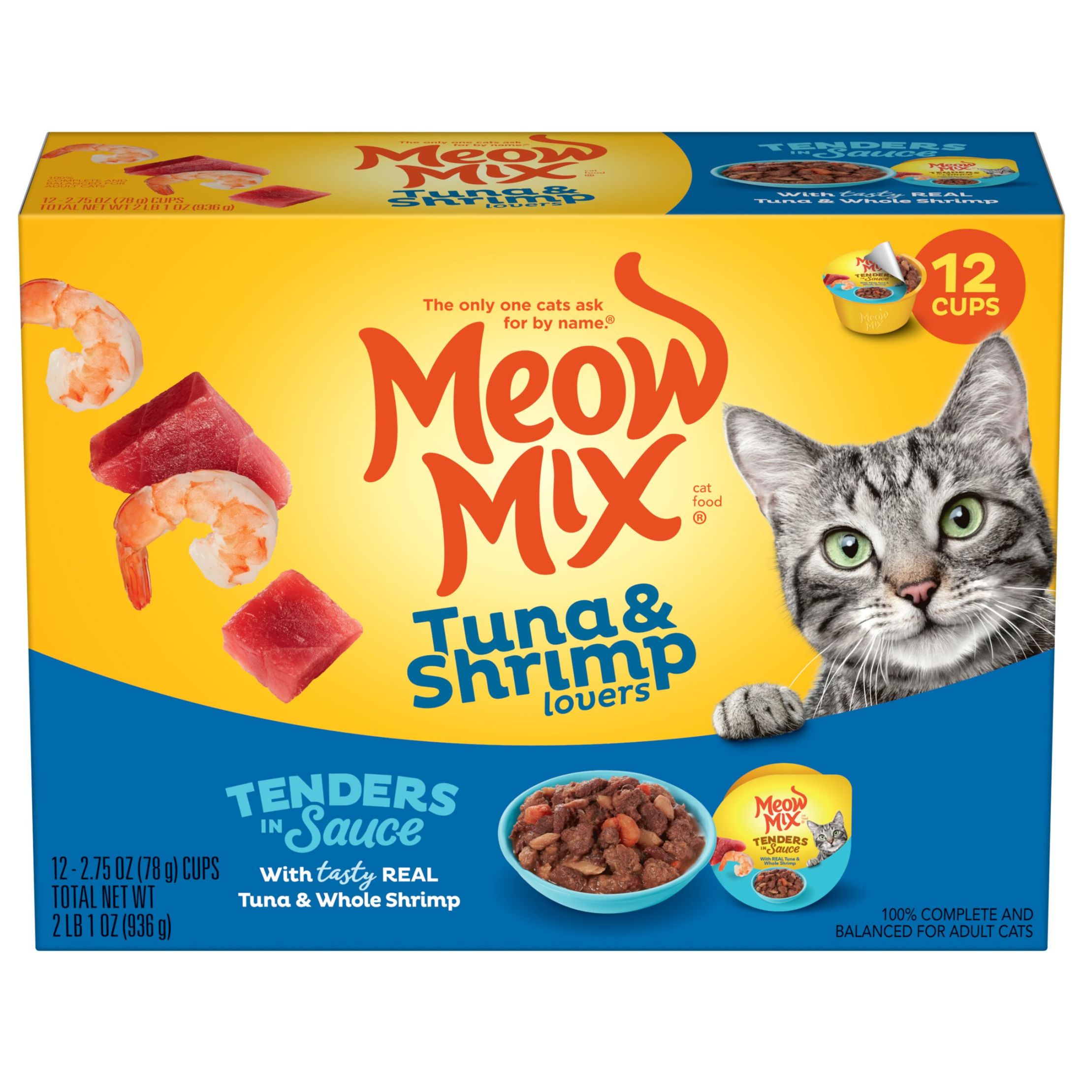 Meow Mix Tenders in Sauce with REAL Tuna & Whole Shrimp, Wet Cat Food, 2.75 oz Cup, 12 Pack