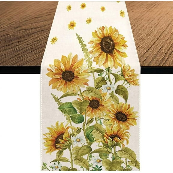 Watercolor Sunflower Table Runner, Seasonal Spring Summer Yellow Flower Holiday Kitchen Dining Table Decoration for Home Party Decor