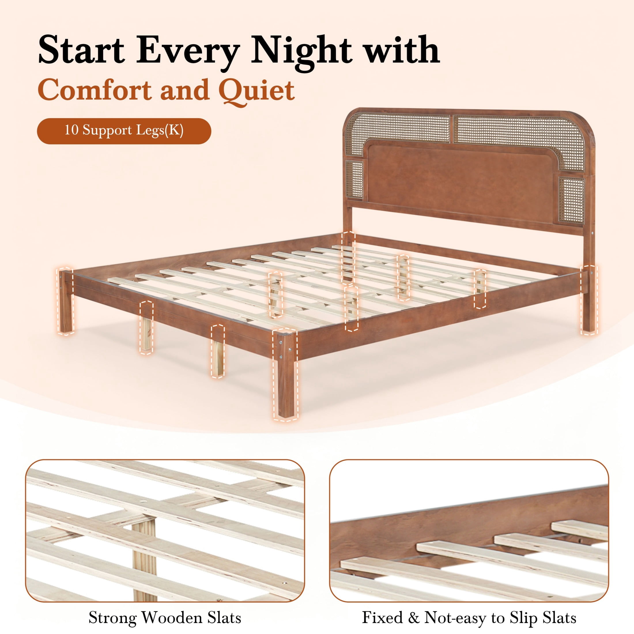 Christopher Knight Home Bohemian King Platform Bed with Rattan Headboard, Solid Wood Frame, Walnut