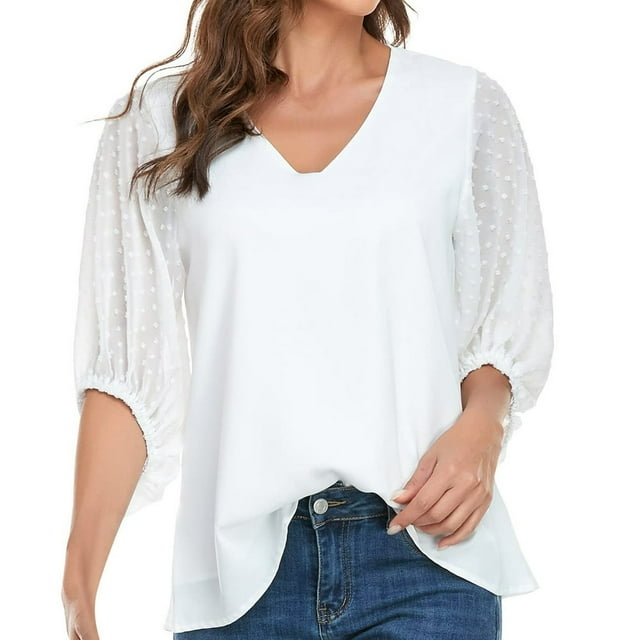 Women Casual Soild V-Neck Loose Ruffle Chiffon Three-quarter Sleeves Top Blouse