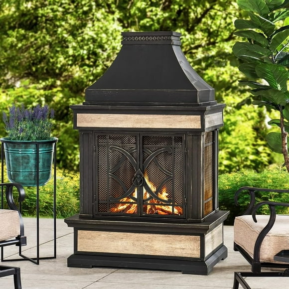 Sunjoy Wood Burning Steel Outdoor Fireplace, Stone Look Tile Patio Fireplace with Chimney, Spark Screen, Fire Poker, Rain Cover, and Removable Grate, Black with Golden Highlight