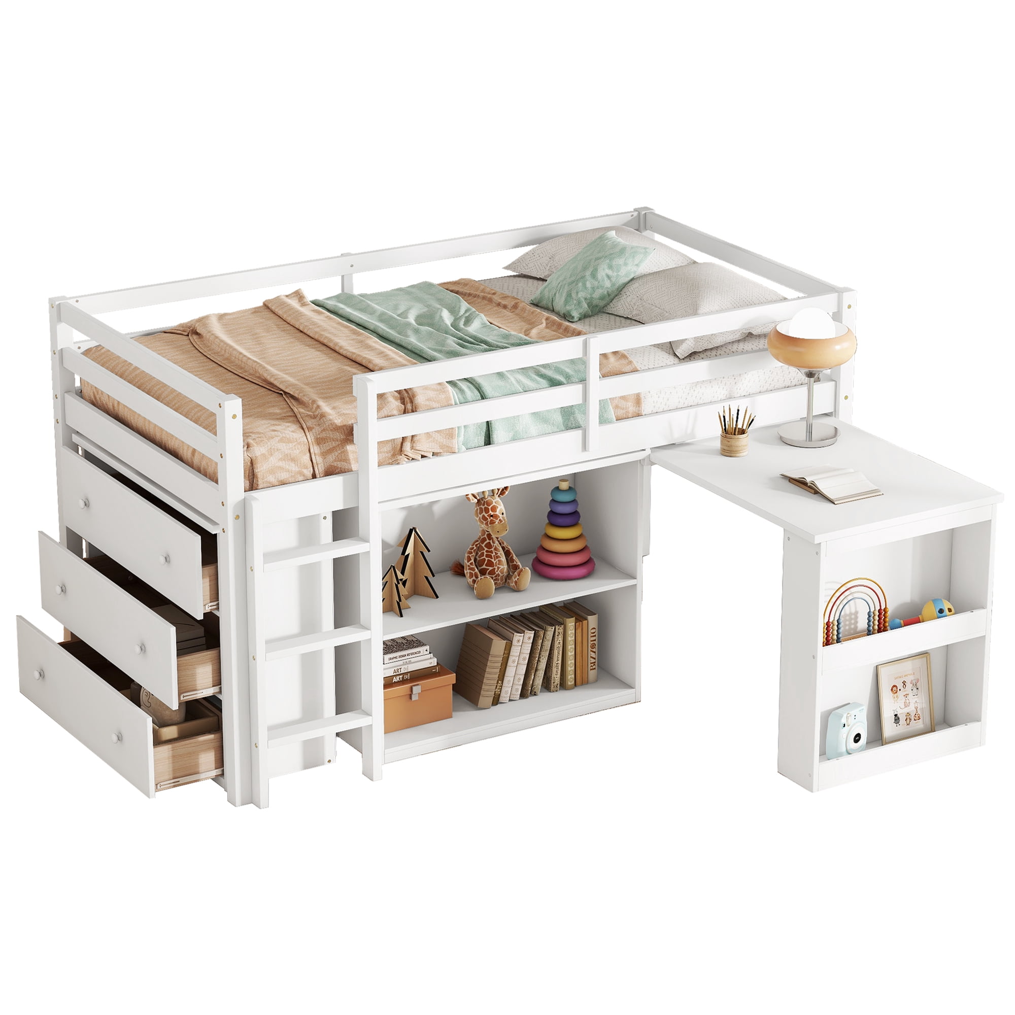 Sailvan Twin Loft Bed with Drawer Cabinet, Shelf Cabinet and Pulling Out Desk, Guardrail ,Ladder