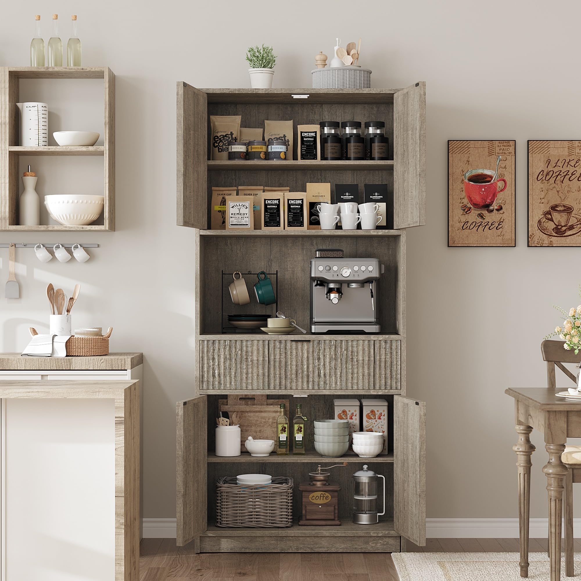 Huisuilinss Fluted Pantry Cabinet,Kitchen Pantry Cabinet,70" Tall Pantry Storage Cabinet With Countertop,Kitchen Hutch Cabinet With Doors And Drawer,Freestanding Cupboard For Dining Room Living Room
