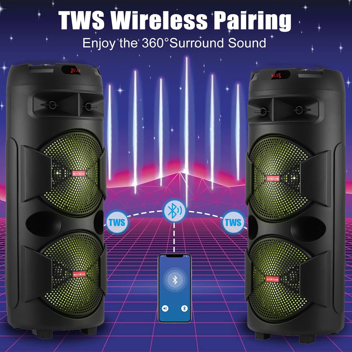 RIDWIND 9000W Peak Power Portable Bluetooth Speakers Portable with Double 12 inch Subwoofer Heavy Bass,FM Radio, Wireless Microphone, Party Lights, Remote Control TWS Stereo Sound System Speaker