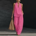 thumbnail image 2 of Evdexr Linen Sets for Women 2 Piece Sleeveless V Neck Tops Wide Leg Pants Outfit Set Boho Casual Vacation Beach Lounge Suits with Pockets Hot Pink M, 2 of 9