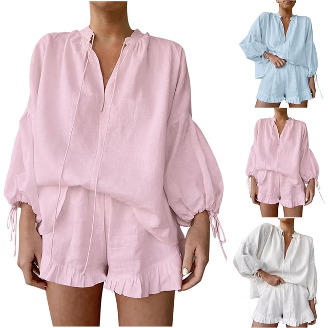 Économies d'Été Liquidation 2025 Bovxnpu Ensembles de Pyjama Grande Taille pour Femmes, Ensemble de Détente 2 Pcs pour Femmes, Robe de Nuit Chaude Décontractée avec Manches Lanterne et Poche Élastique TG