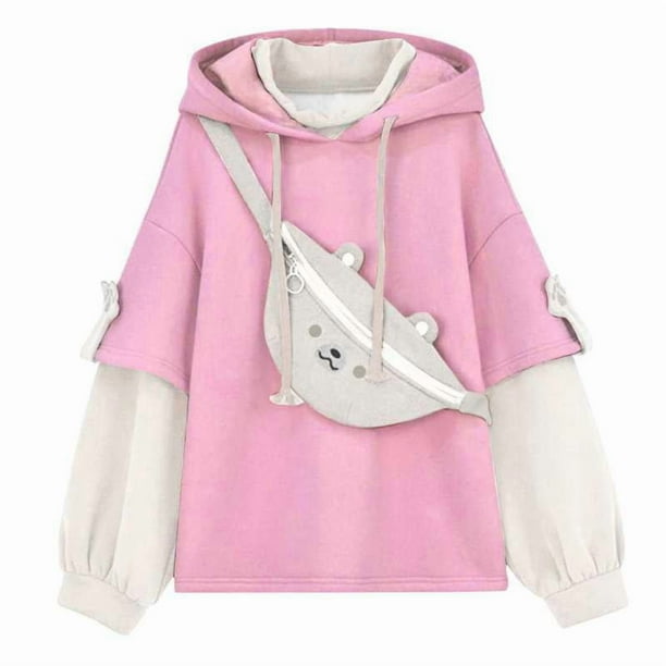 Sudadera con capucha de anime con diseño de oso estético Harajuku para mujer, estilo coreano Kawaii, ropa de calle de cuello redondo, ropa Kpop de otoño e invierno, tops beige