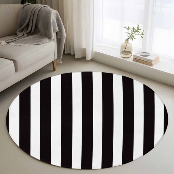 3ft Round Rug, Black Striped Non-Skid Rubber Backing Large Area Rugs - Living Room Bedroom Home Office, Modern Farmhouse Black White Stripes Indoor Floor Mat Carpets Washable Rug