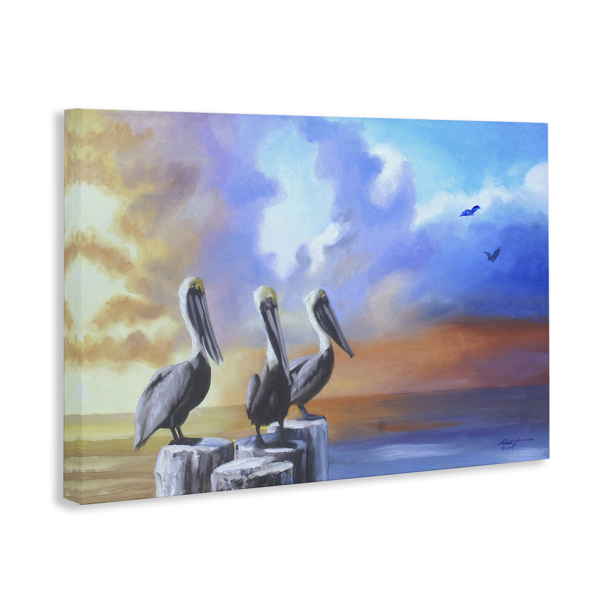 Stupell Industries Vivid Pelican Trio Landscape Painting Gallery Wrapped Canvas Art Print Wall Art, 36 x 24