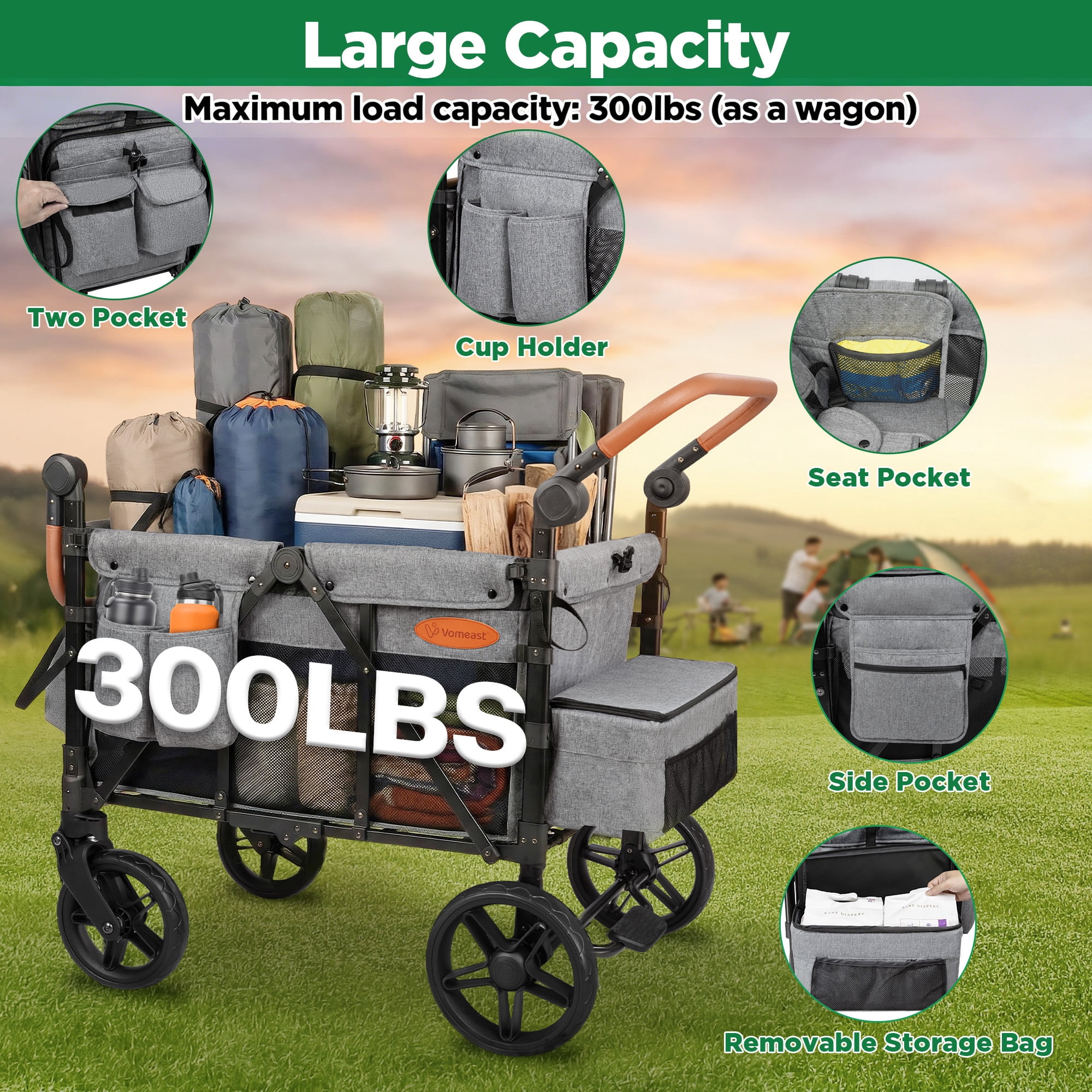 Vomeast Upgrade Wagon Stroller for 4 Kids, 4-Seater Outdoor Baby Stroller Wagon with Canopy, 5-Point Harness, Adjustable Handle(Grey)