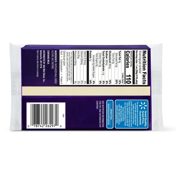 Great Value Sharp White Cheddar Cheese 16 oz Block Made with
