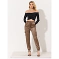 thumbnail image 2 of Pantalones cargo de satén sedoso de tiro alto elástico con cordón para mujer Caqui oscuro M, 2 of 6