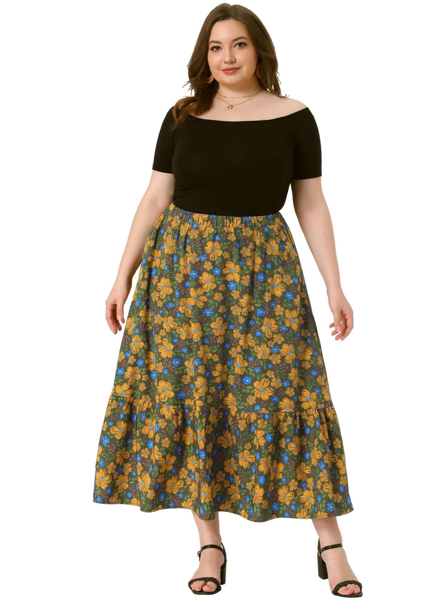 DARING DIVA Women's Plus Skirts Floral Stretchy Waist Layered Maxi Skirt 4X Green Yellow