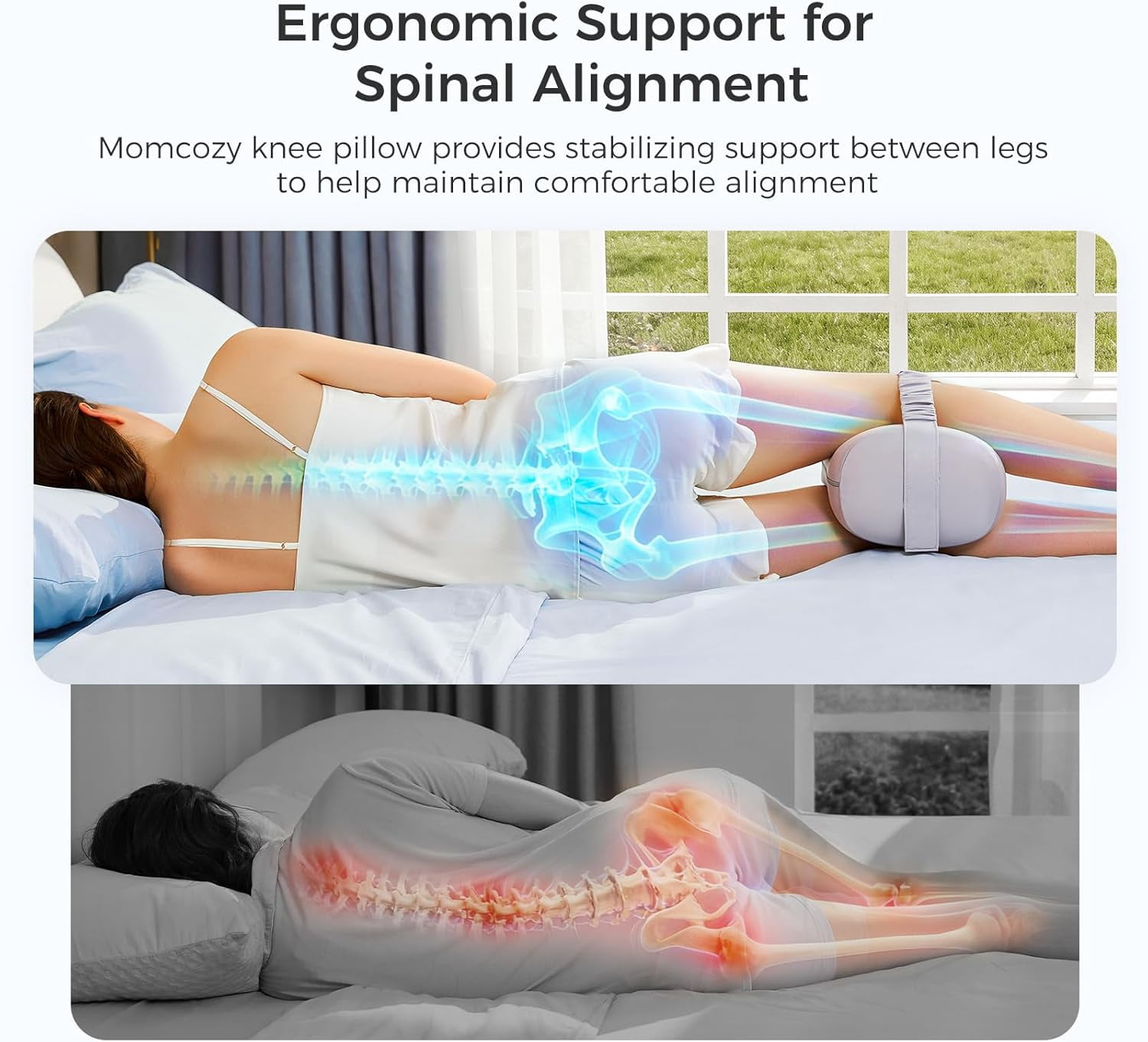 Knee Pillow for Side Sleepers, Soft Memory Foam & Pinch-Free Design, Relieve Knee, Leg and Sciatica Pain, Adjustable Elastic Strap Ideal for Pregnant Women and Seniors, Cooling Cover, Gray