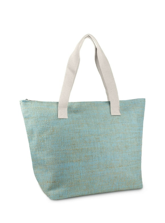 Women's Insulated Turquoise Straw Beach tote Bag with Double Flat Handles