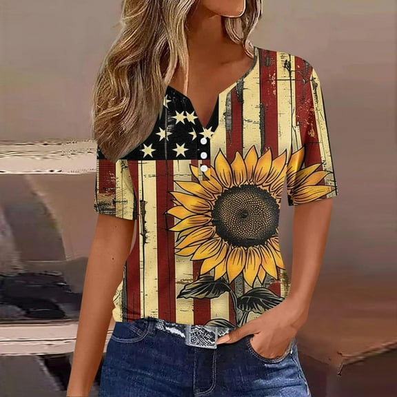 Cavosen Red White and Blue T Shirts Women Petite Red White and Blue 3/4 Sleeve V Neck T Shirts USA Star Striped Graphic Shirts Lady XL Patriotic Casual Shirts Independence Day Tunic Tees
