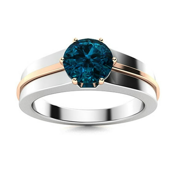 Multi Prong Set 6MM Round London Blue Topaz Two Tone Women Ring 925 Sterling Silver