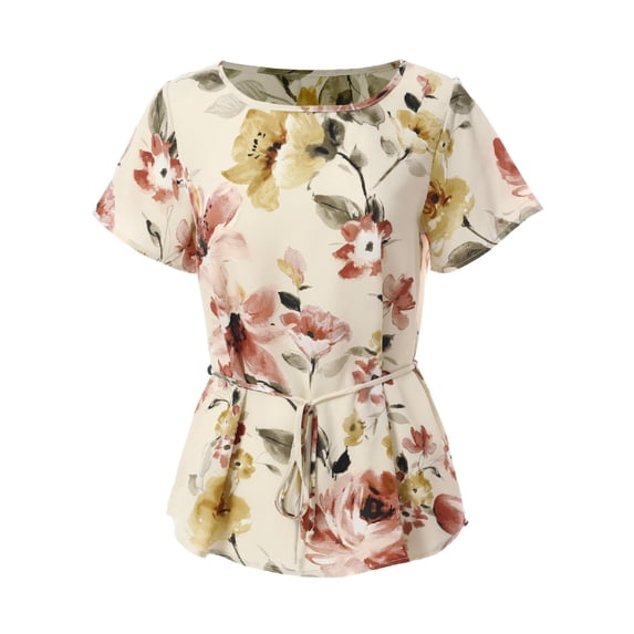 MixMatchy Women's Floral Round Neck Flutter Sleeve Tie Waist Blouse