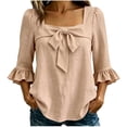 thumbnail image 4 of GERsome Womens T-Shirts Ruffled 3/4 Sleeve Square Neck Bowknot Trim Loose Fit Blouses for Casual Work Travel Khaki L, 4 of 6