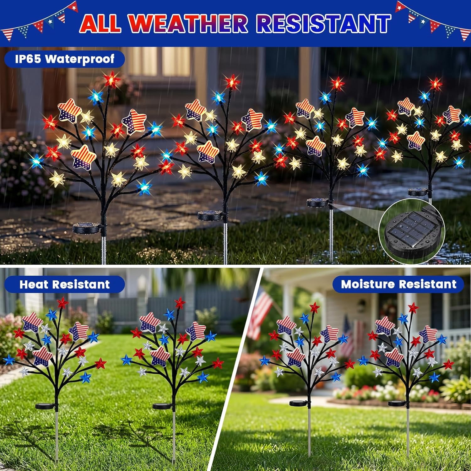 4th of July Decor Outdoor, 2 Pack Red White Blue Star Solar Garden Lights with 8 Modes, Twinkle Star Tree Lights Pathway Lights Outdoor Waterproof, Patriotic Lights for Independence Day Memorial Day