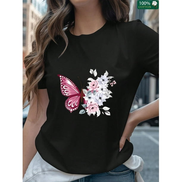Happy Valentine'S Day Women's Butterflies And Flowers Print T-Shirt, Women's 220g Round Neck Casual Heavy Pure Cotton T-Shirt (1 PC)