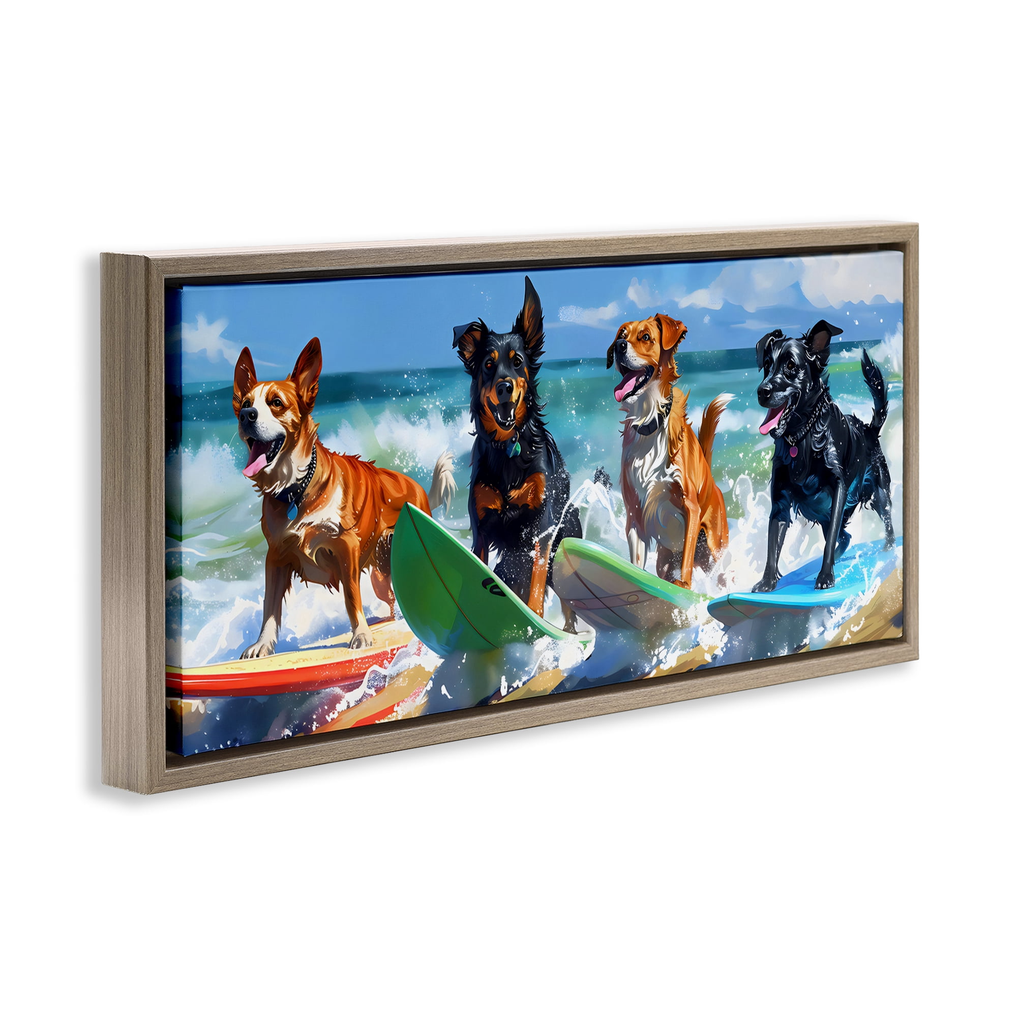 Stupell Industries Dogs on Surfboards Summer Fun Brown Framed Floater Canvas Wall Art, design by Creative Studio