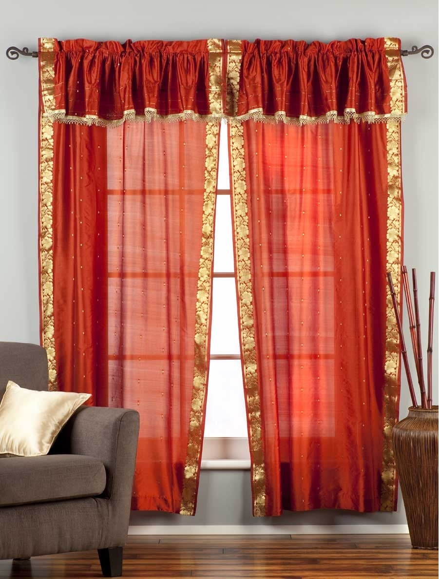 2 Panels 2 Tiebacks-Gypsy Rod Pocket Curtains w/ Beaded Valance Rust 80W 96L