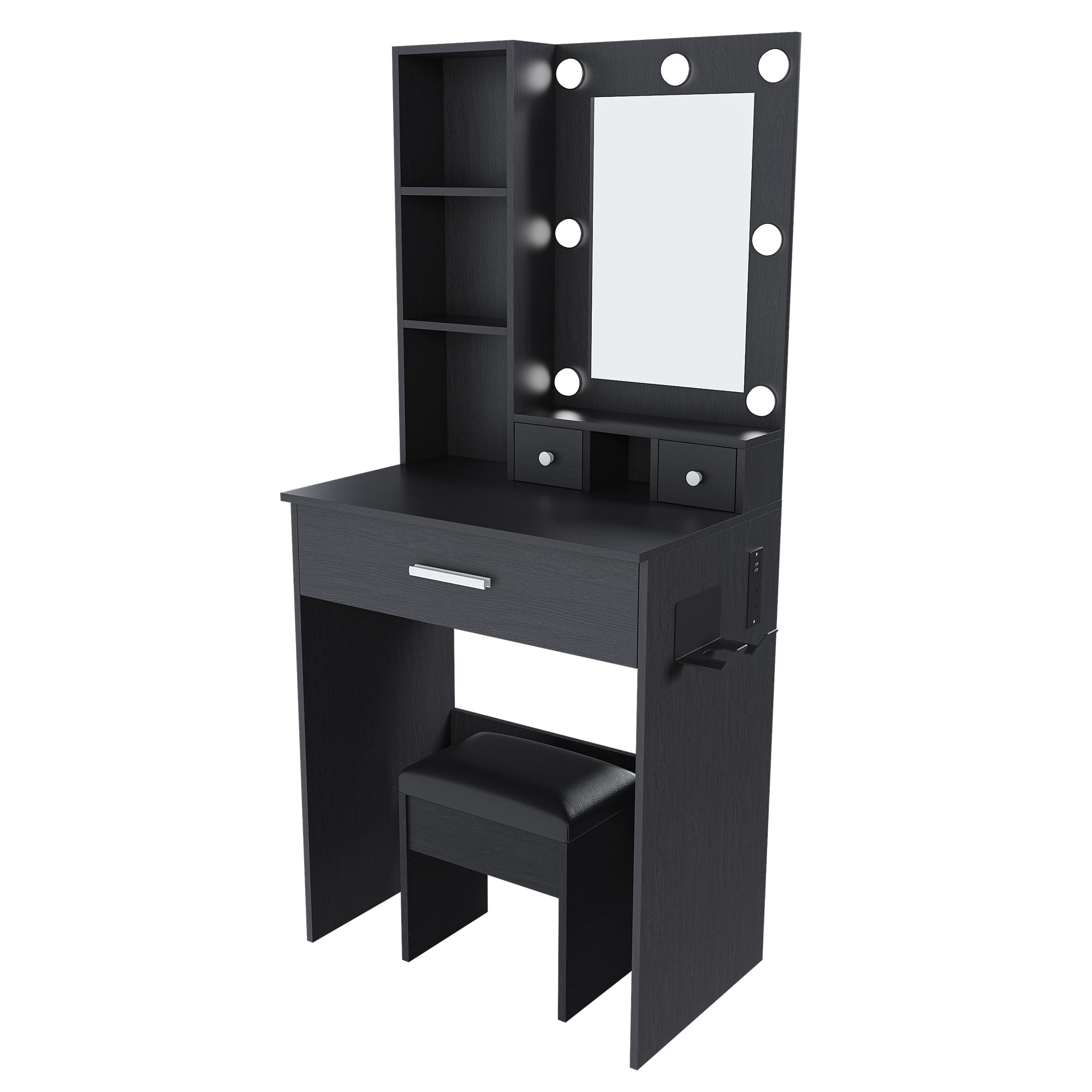 Vanity Table with Mirror & Adjustable LED Lights, Power Outlet, Hairdryer Holder & Stool – Compact Dressing Desk for Small Bedrooms(Black)