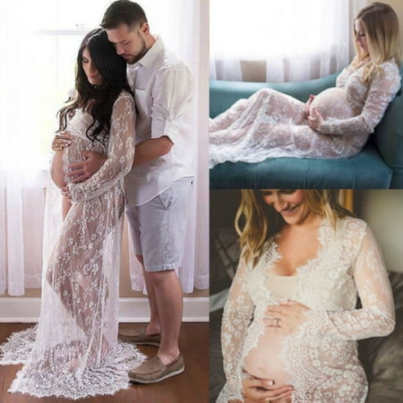 

LSFYSZD Pregnant Women Lace Maxi Dress See Through Hollow Out Floral Maternity Dresses Long Sleeve V-Neck Clothes for Photo Shoot