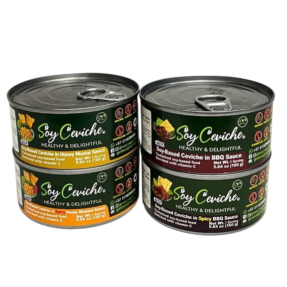 Soy Ceviche – Spicy & Mild | Plant-Based Protein, Vegan, Gluten-Free, Ready-To-Eat | Honey Mustard & BBQ | 4-Pack (5.64oz Can)