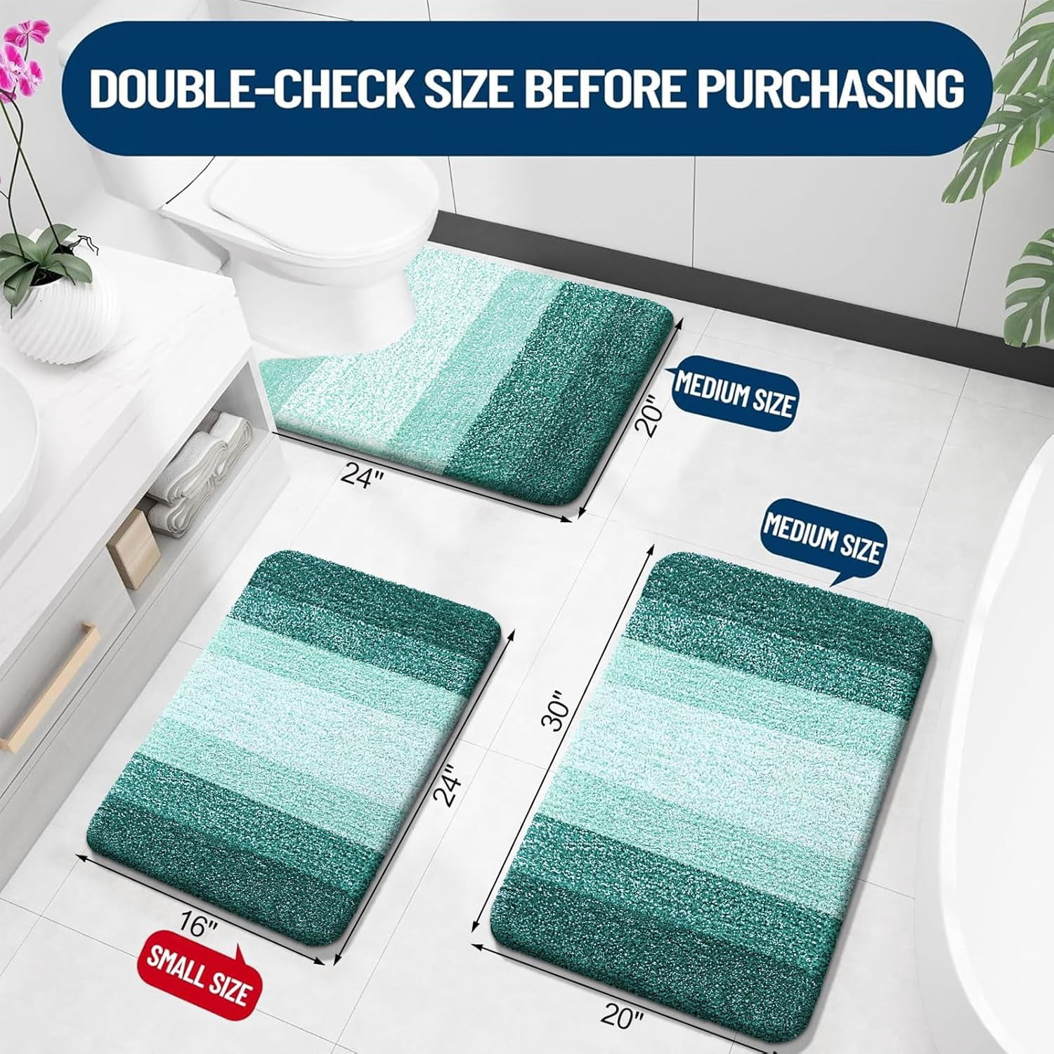 Bathroom Rugs Sets 3 Piece, Soft Absorbent Microfiber Bath Mats and U-Shaped Contour Toilet Rug, Machine Wash Dry, Plush Shaggy Bath Mat Set for Bathroom