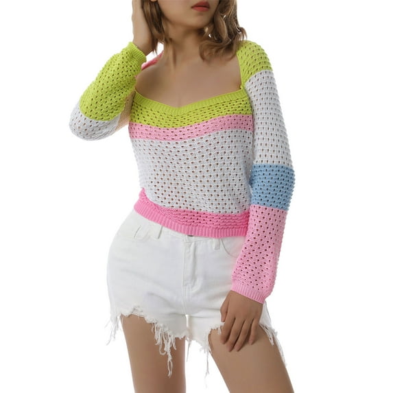 KOMOO Women Long Sleeve Patchwork Crop Tops Color Block Crochet Knit Sweaters Spring Fall Cutout Casual Pullover