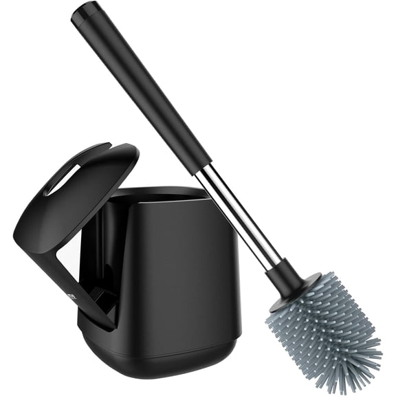 Silicone Toilet Bowl Brush and Automatic Holder Toilet Brush for Bathroom with Holder Ventilated Toilet Cleaner Brush for Toilet Scrubber Cleaning, Black