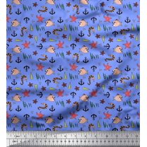 Soimoi Rayon Fabric Anchor Hook,Shell & Starfish Ocean Print Fabric by Yard 42 Inch Wide
