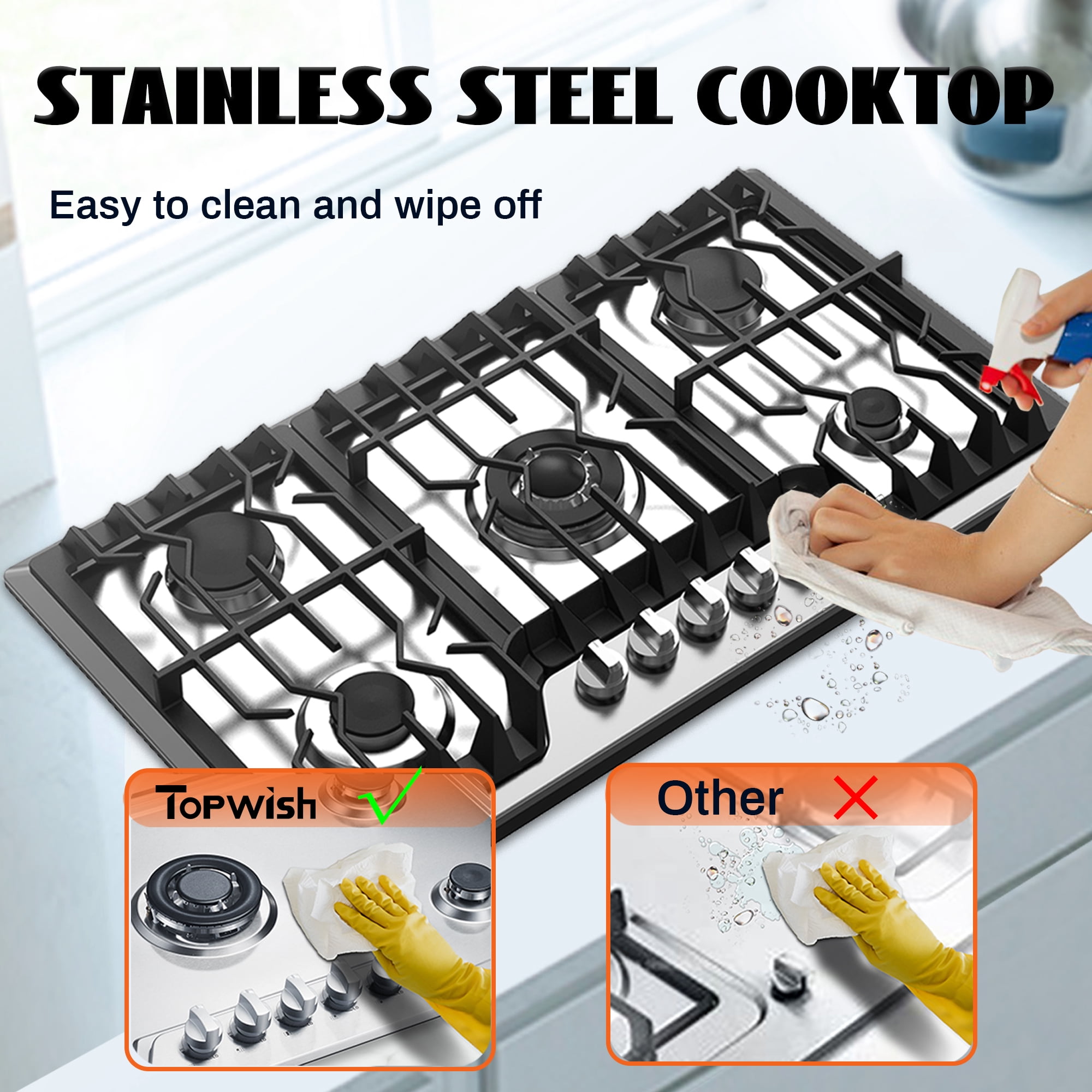 TOPWISH 36" Built-in Gas Cooktop, 5 ITALY SABAF Sealed Burners Gas Rangetop 37,600BTU, NG/LPG Convertible, Stainless Steel Burner Gas Stovetop with Thermocouple Protection,120V AC