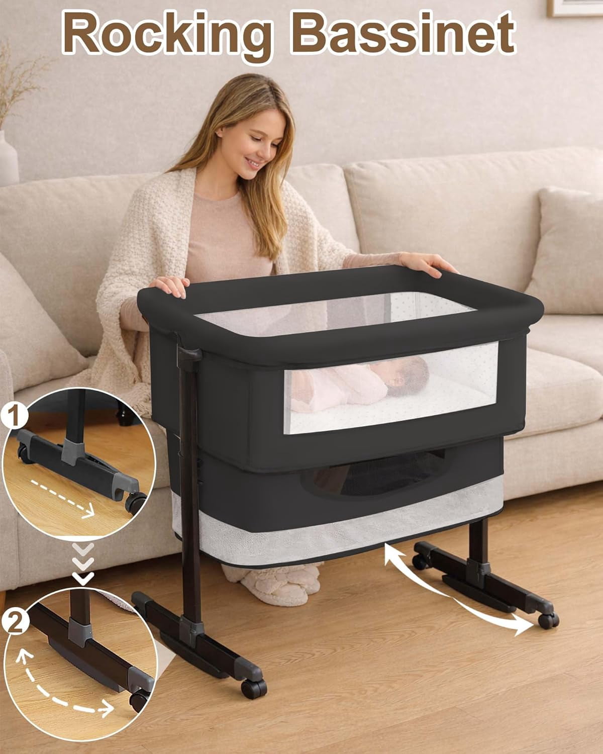 Baby Bassinet Bedside Sleeper - 3 in 1 Adjustable Height Bedside Bassinet with Breathable Mesh, Wheels & Storage Basket and Bag, Portable Folding Baby Cradle for Infants & Newborns, Black