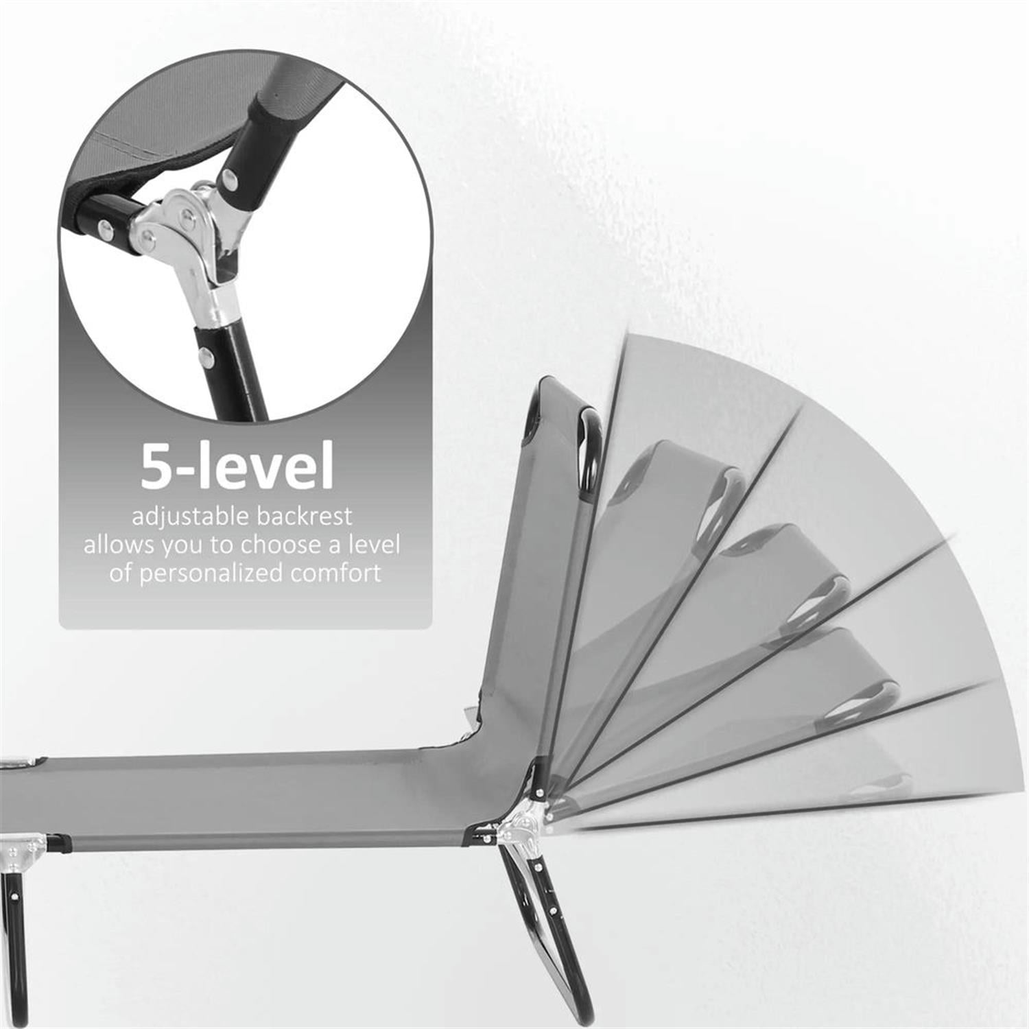 Demi Bonn 2-Piece Outdoor Collapsible Chaise Loungers with Steel Frame, 5-Position Reclining Folding Beach Chairs for Yard, Patio, Gray