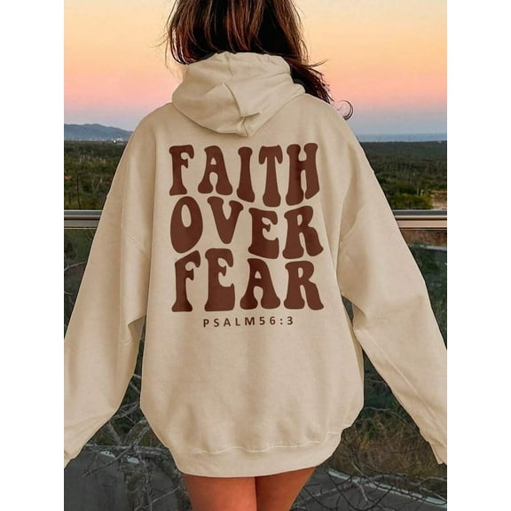 Women's Hooded Sweatshirt With Slogan Print And Kangaroo Pocket FAITH OVER FEAR PSALM