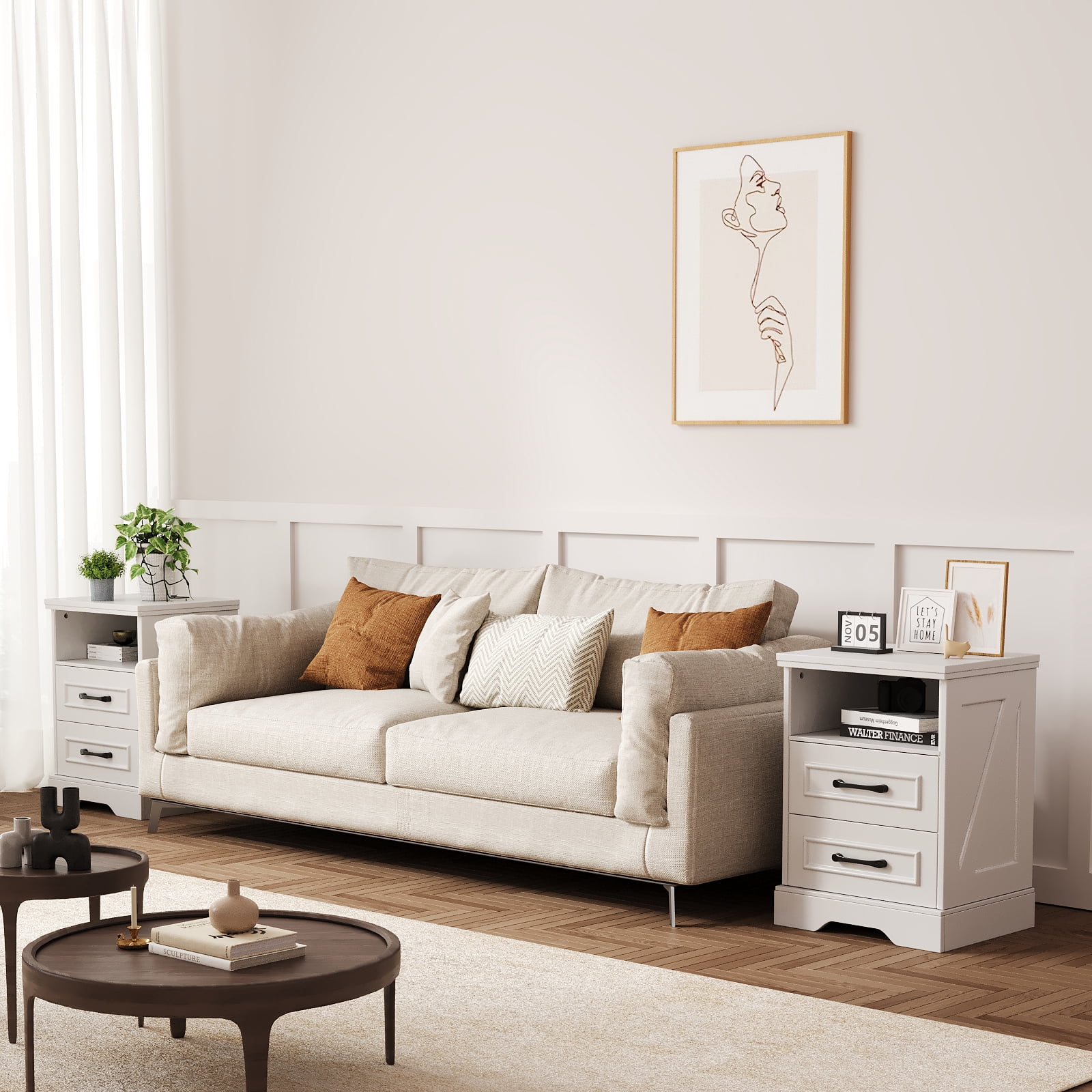 Nightstand Set of 2 with Charging Station, Farmhouse End Table with 2 Drawers Storage Side Table Bedside Cabinet for Bedroom Living Room