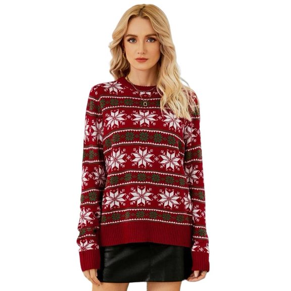 Yesfashion Women's Christmas Snowflake Knitted Sweater Long Sleeve Crew Neck Print Pullover Knitwear