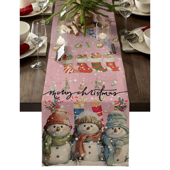 Hokiten Table Runners 48 Inches Long Dress Scarves, Christmas, Farmhouse Kitchen/Dining Table Runner, Short Coffee Tablerunners, Retro Blush Pink Blush Pink Snowman 13x48 Inch