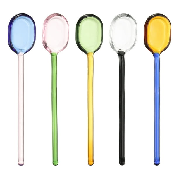 Uxcell 1 juego de cucharas de café de vidrio, cuchara de revolver de 6.2 pulgadas, cucharas largas para té, cócteles, batidos fríos, rosa/verde/azul/amarillo/negro