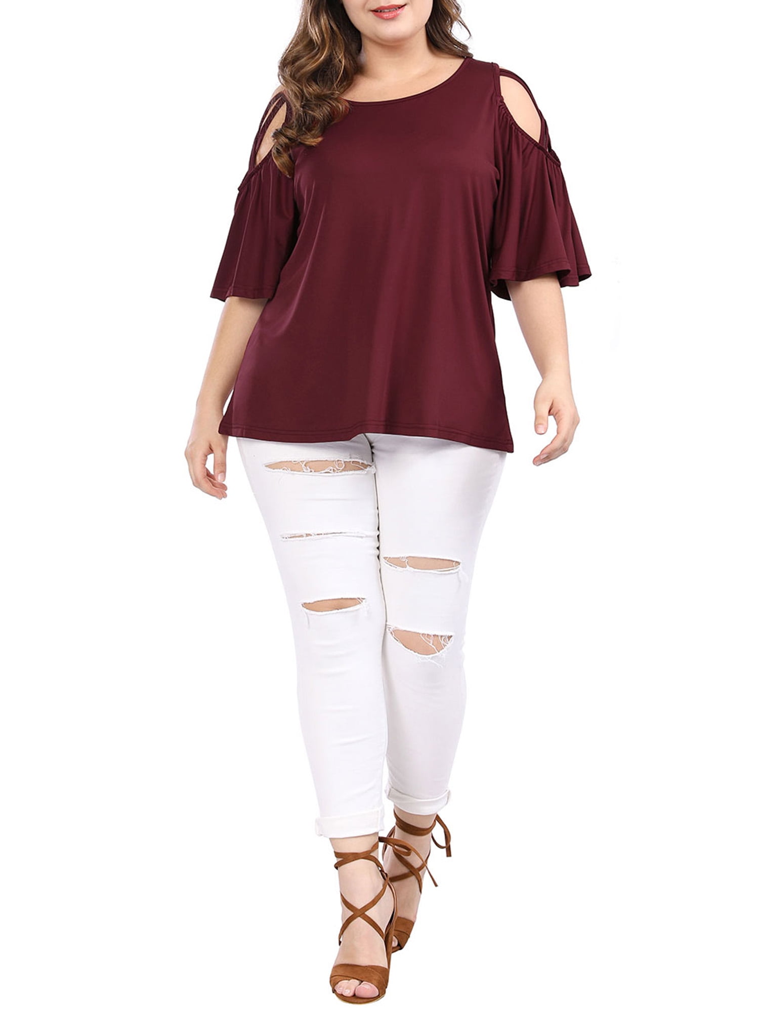 Unique Bargains Women's Plus Solid Strappy Cold Shoulder Trumpet Sleeve T-shirt