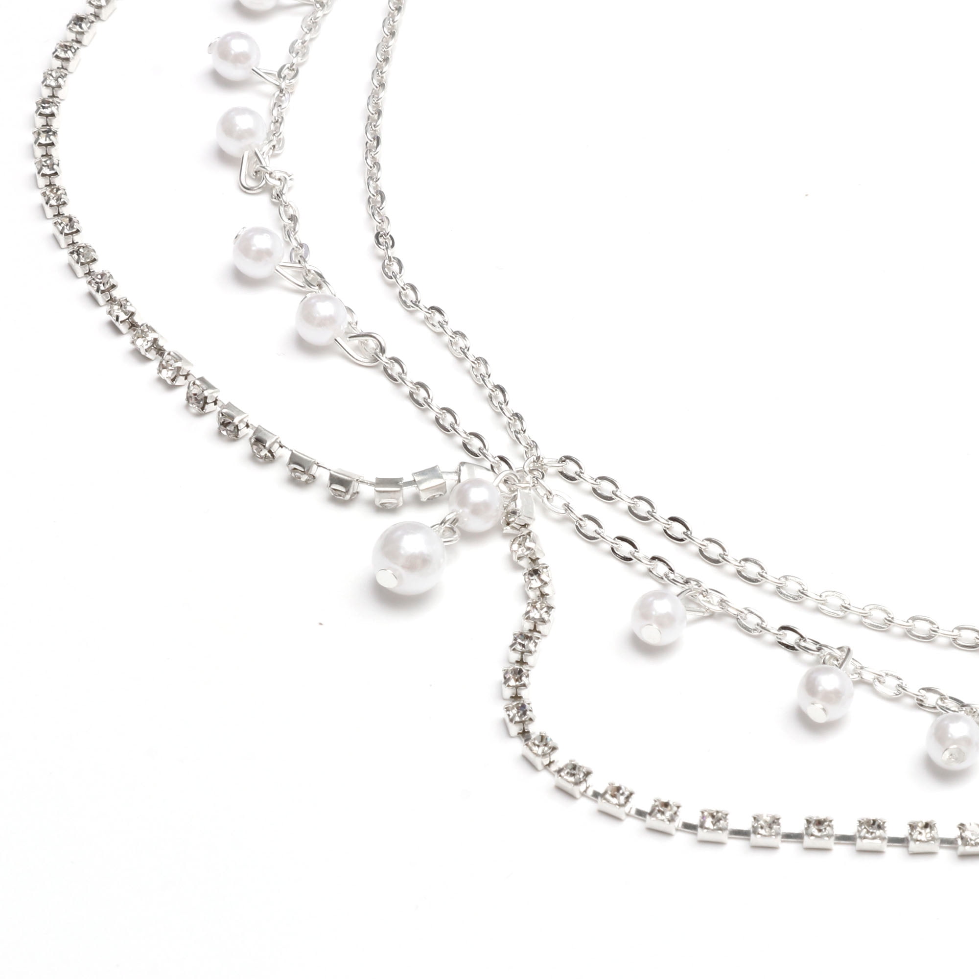 Unique Bargains Headpiece Multi-layered Rhinestone Faux Pearls Head Chain Silver Tone