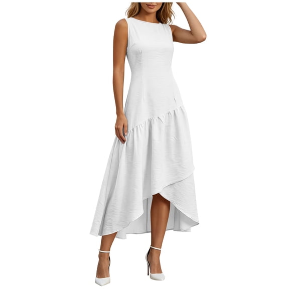 Atogsazn Women's Summer Sleeveless Maxi Dress Flowy Crew Neck Fitted Waist Asymmetric Ruffle Hem Dresses White S Fashion