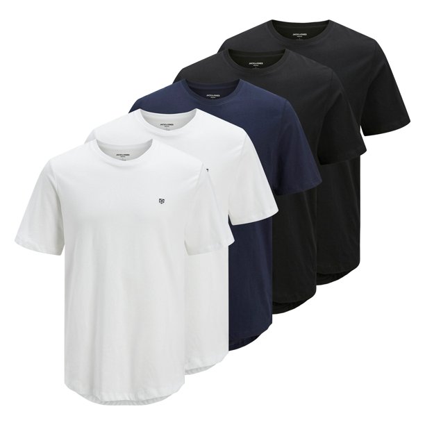 JACK&JONES Camiseta hombre, lote de 5 - JPRBLABRODY TEE CREW NECK 5PK, manga corta, cuello redondo, algodón Blanco/Azul/Negro M (Medium)