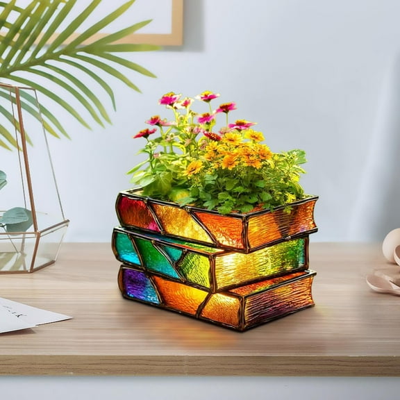 Stacked Books Resin Planter for Small Plants & Succulents, Mini Decorative Desktop & Shelf Decor, Durable Easy-Clean Home & Office Decor