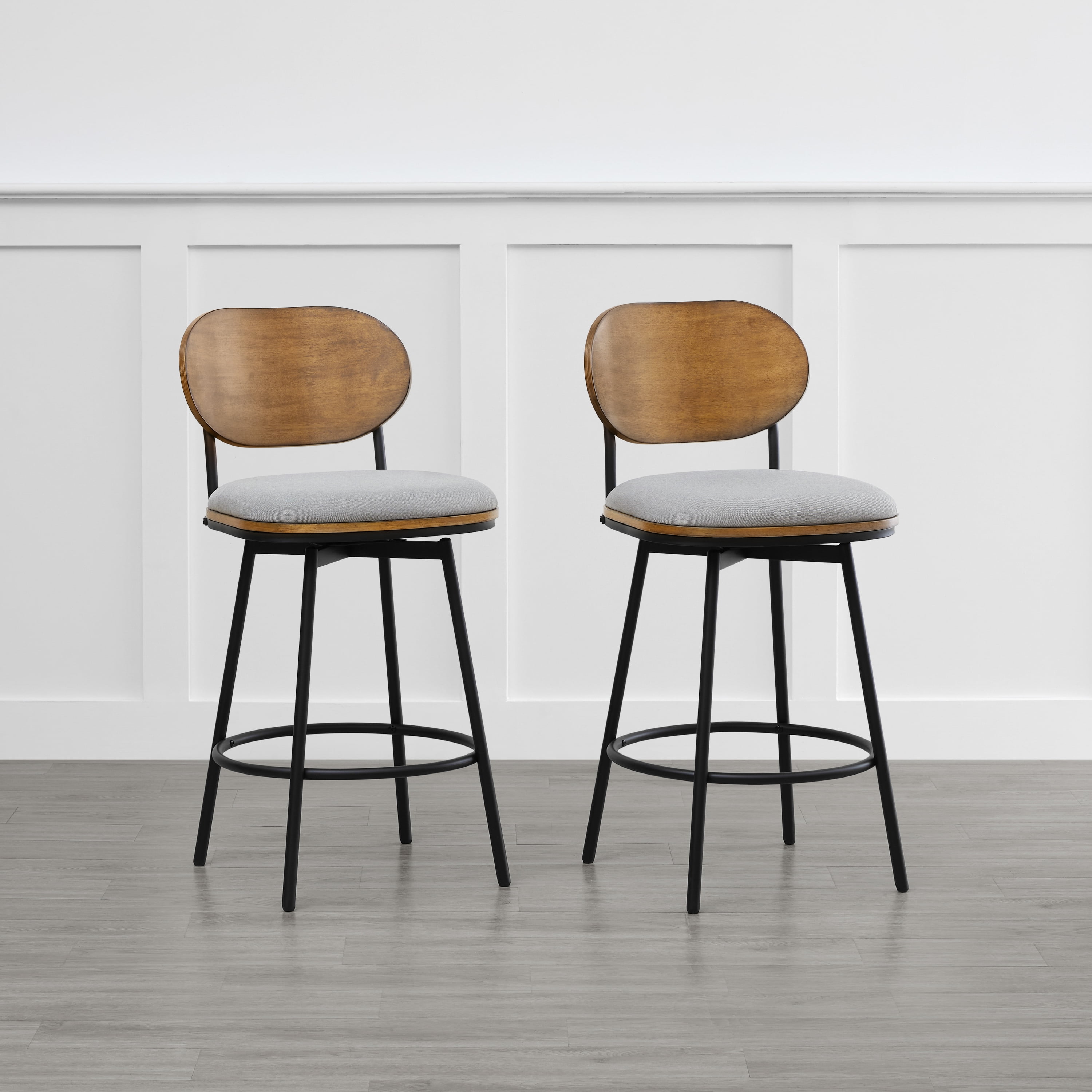 Spruce & Spring Counter Height Swivel Bar Stool with Wood Back and Metal Legs Set of 2, Light Grey