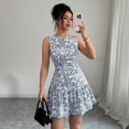 thumbnail image 5 of White-Blue Floral Sleeveless A-Line Skater Mini Dress, Crew Neck High Waist, 5 of 16